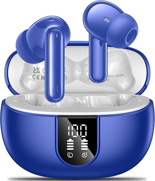 Wireless Earbuds, 2024 Wireless Headphones HiFi Stereo Earphones with 4 ENC Noise Canceling Mic, 42Hs Playtime In Ear Earbud, Bluetooth 5.3 Sport Earphones with LED Power Display for Android iOS Blue