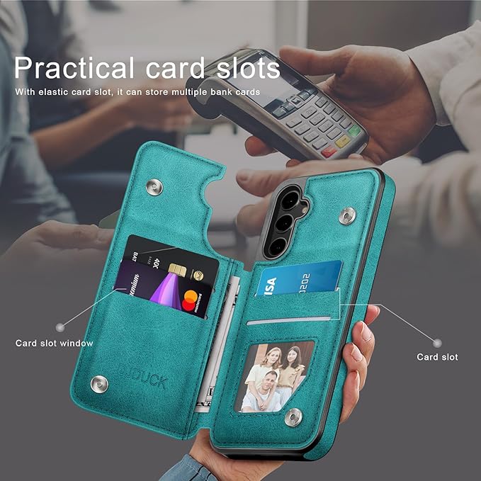 DJDUCK Designed for Samsung Galaxy S25 Case Wallet with Card Holder, [Magnetic Clasp Cover] [RFID Blocking Leather Protection] Shockproof Women Men Cases for Samsung S25 Blue Green