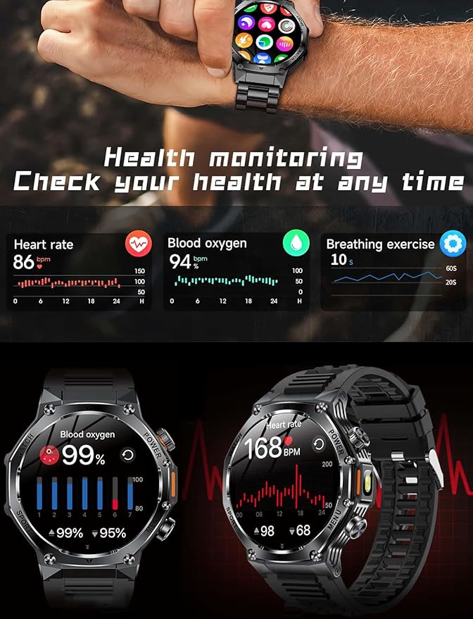 Military Smart Watch for Men, 800mAh Big Battery Smart Watches with LED Flashlight for Android iOS, Answer/Make Call, Fitness Tracker, Blood Oxygen/Heart Rate Monitoring, Sleep Track (2 Bands, Black)