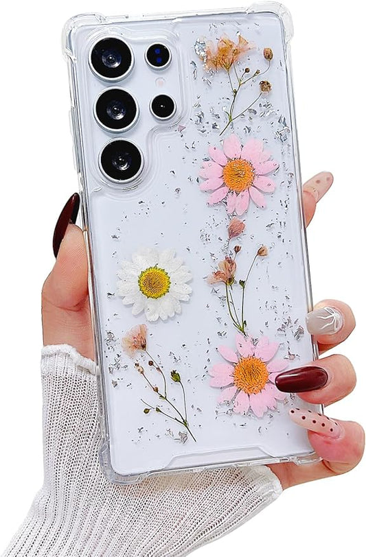 Compatible with Samsung Galaxy S25 Ultra Case Cute Pressed Dried Real Flowers Design Women Girly Shockproof Glitter Floral Clear Phone Cover for Galaxy S25 Ultra (Pink Flower)