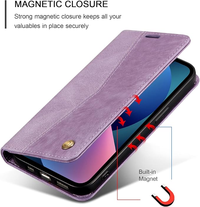QLTYPRI Case for iPhone 14, Vintage PU Leather Wallet Case Card Slot Kickstand Magnetic Closure Shockproof Flip Folio Book Case Cover for iPhone 14(6.1 inch) - Retro Purple