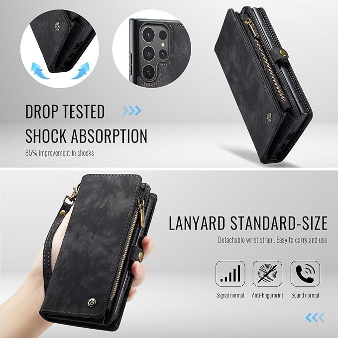 SZHAIYU 2 in 1 Detachable for Samsung Galaxy S25 Ultra Wallet Case with Card Holder, Retro Premium Flip Leather Cover Magnetic Zipper Pocket Phone Cases 6.8'' (Black, S25 Ultra)