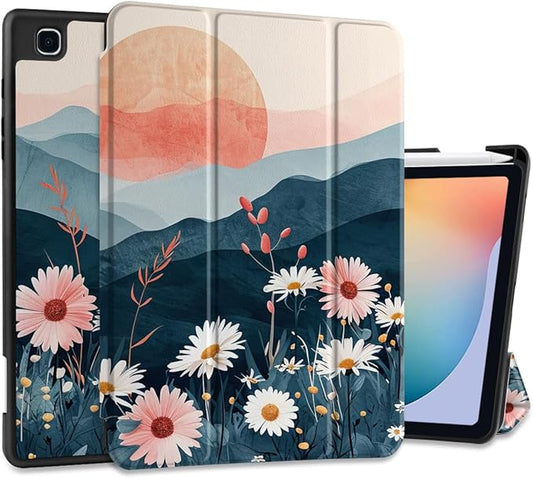 DONGKE Case for Samsung Galaxy Tab S6 Lite 10.4 Inch 2024/2022/2020, Trifold Stand + S Pen Holder + Auto Wake/Sleep + Soft TPU Protective Stand Back Cover, Daisies