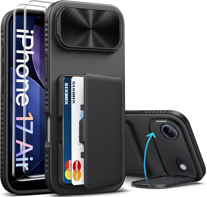 for iPhone Air Case Wallet with Stand, Built-in [2 Pack] Screen Protector & Card Holder & Camera Cover, Military Grade Drop Protection Protective Phone Case for iPhone Air Case 2025, Black