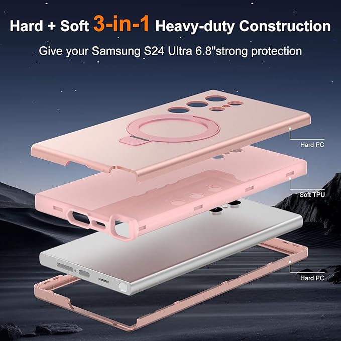Designed for Samsung Galaxy S24 Ultra Case with Magnetic Ring Stand [Compatible with Mag-Safe][Military Grade Drop Protection][Build in Kickstand] S24 Ultra Phone Case 6.8",Rose Gold