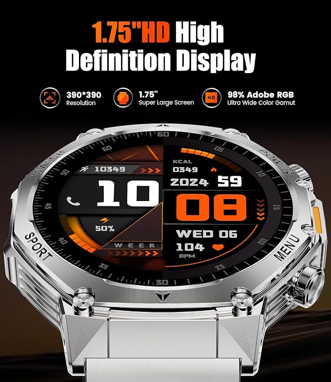 SUNKTA EF15 Military Smart Watch for Men, 1.75" HD Large Screen Smartwatch, 110+ Sport Mode Fitness Tracker, Bluetooth Call/LED Flashlight/Pedometer/IP68 Waterproof Mens Smart Watches for Android iOS