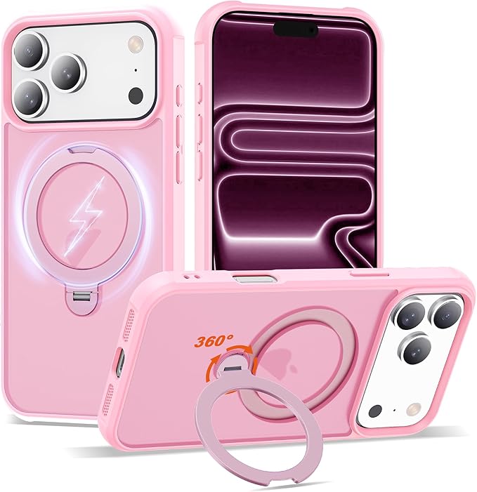 Compatible with iPhone 17 Pro Max Case with Invisible Magnetic 360°Spin Stand,Military-Grade Shockproof Protection [Compatible with Mag-Safe] Non-Slip Edge Translucent Case (6.9",Pink)