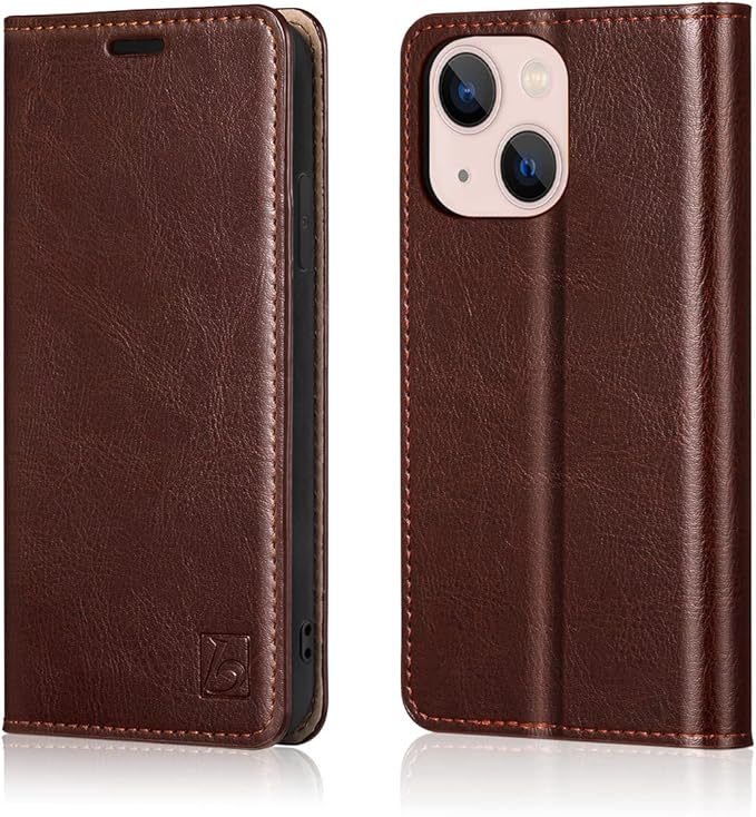 Belemay Case Compatible with iPhone 14 Wallet Case-Genuine Leather Flip Phone Case-RFID Blocking Card Holder-Shockproof TPU Shell Folio Book Cover Women Men Compatible with iPhone 14 (6.1-inch) Brown