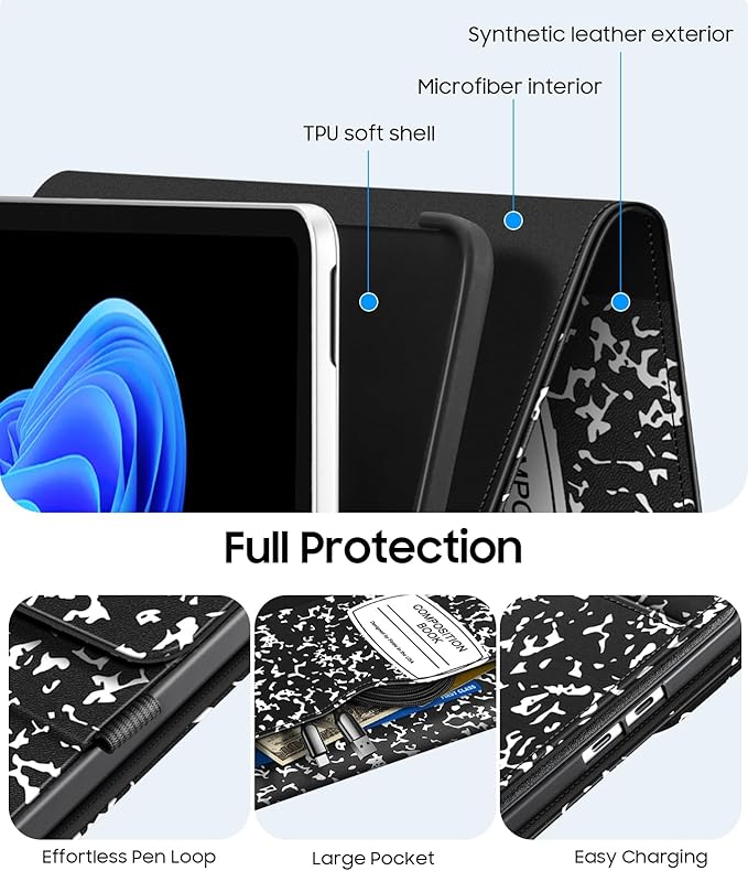 Fintie Protective Case for Microsoft Surface Pro 12 Inch (2025), Multi-Angle Viewing Portfolio Business TPU Back Cover with Pocket & Stylus Holder, Compatible with Type Cover Keyboard (Com-Book)