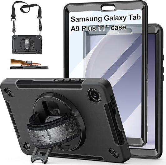Case for Galaxy Tab A9 Plus 5G 2023: Heavy Duty TPU Cover for Samsung Tablet A9+ 11 Inch with Screen Protector- Stand - Handle - Shoulder Strap -S-Pen Holder- Black
