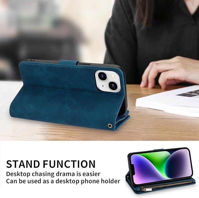 ZZXX for iPhone 14 Plus Case Wallet with [RFID Blocking] Card Slot Premium Soft PU Leather Zipper Flip Folio with Wrist Strap Kickstand Protective Cover for iPhone 14 Plus Wallet Case(Blue-6.7 inch)