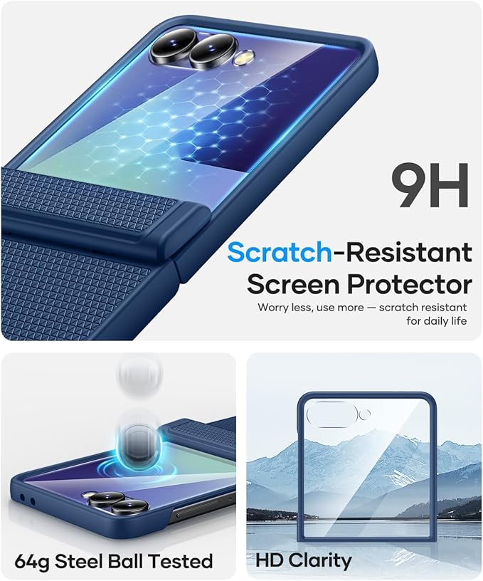 Vihibii for Samsung Galaxy Z Flip 7 Case Slim with Rugged Hinge Protection & Outer Screen Protector & Non-Slip Texture, Durable Shockproof Protective Cover Phone Case for Galaxy Z Flip 7 5G 2025, Blue