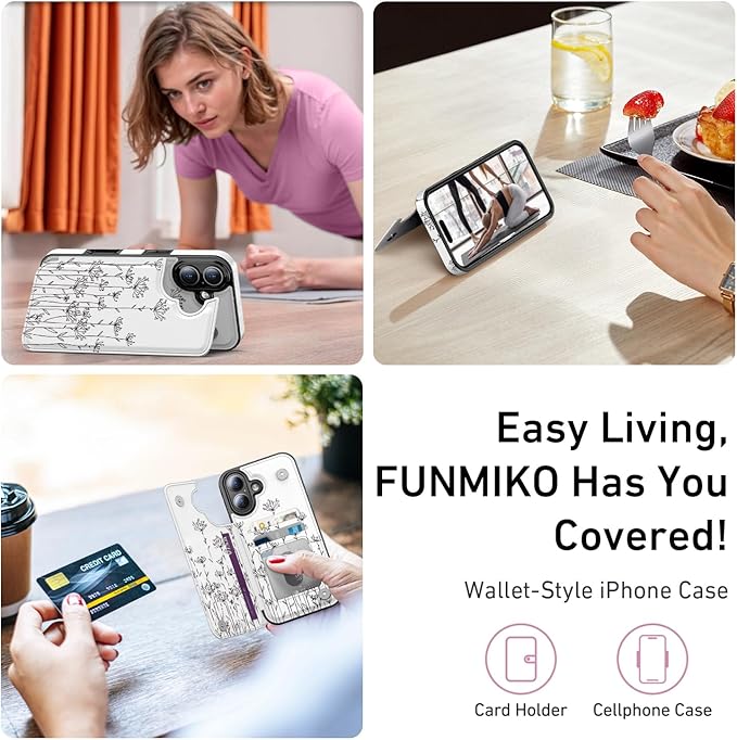 FUNMIKO for iPhone 16 Wallet Case with Card Holder, RFID-Blocking, Military-Grade Protection & UV-Printed Artwork, Magnetic Closure with Leather Kickstand - Elegantly Sketched Flower