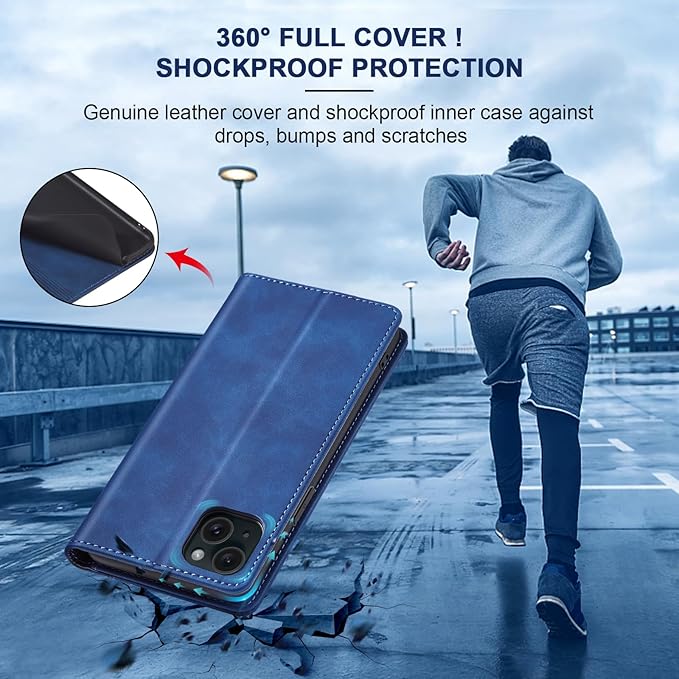 Jasonyu Flip Wallet Case for iPhone 15 Plus,Leather Magnetic Folio Cover with Card Holder,Kickstand - TPU Shockproof Durable Protective Phone Case,Blue