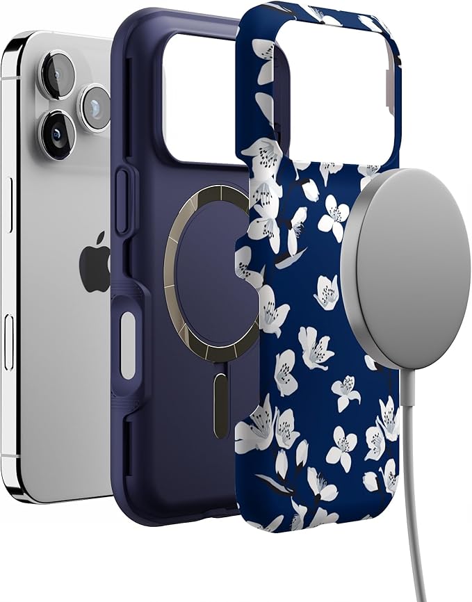 Casely iPhone 17 Pro Case | Floral Forest | Navy Cherry Blossom Floral | Bold Protective Design | Compatible with MagSafe