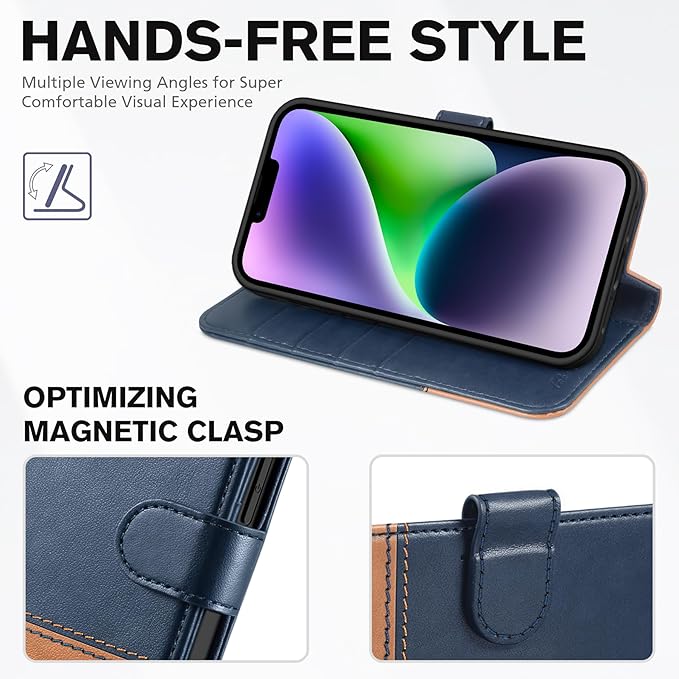 TUCCH Wallet Case for iPhone 14, [RFID Blocking] [4 Card Slots] TPU Interior Protective Case, Magnetic Folio Shockproof PU Leather Stand Flip Cover Compatible with iPhone 14 6.1 5G, Blue&Brown