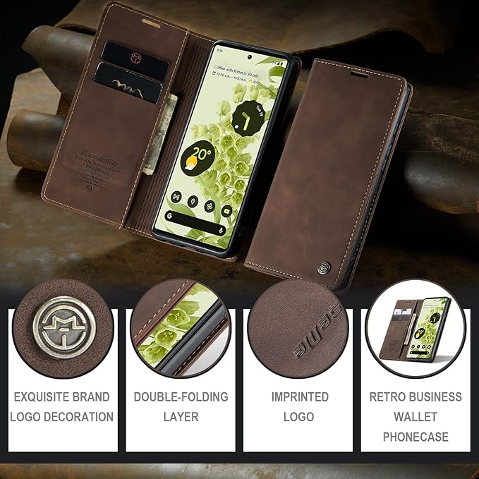 for Google Pixel 6 Case, Flip Wallet Leather Case with Card Holder Magnetic Closure Shockproof Kickstand Protective Phone Cases Cover for Google Pixel 6,Coffee