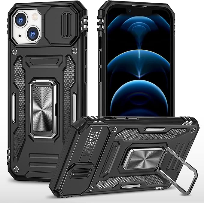 Phone Case for iPhone 14 Plus Case with Camera Cover, with Ring Holder Kickstand, with Magnetic Car Mount Function, for iPhone 14 Plus (Black)