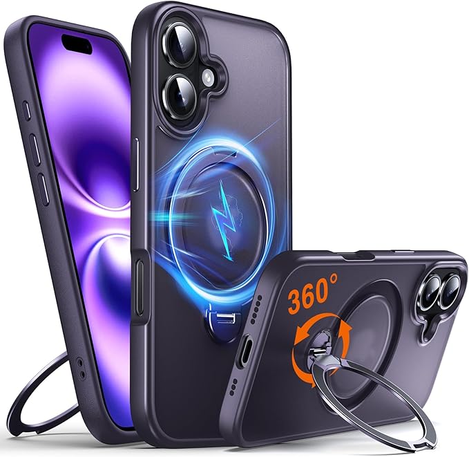 360° O-Ring MagStander for iPhone 16 Case with Magnetic Kickstand Ring Holder [Compatible with MagSafe][360°Rotate Stand Ring][Military Shockproof] Magnet iPhone 16 Phone Cover Matte Purple