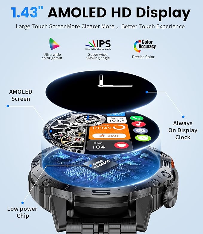 Military Smart Watch for Men(Answer/Dial Calls),1.43" AMOLED Always-on Display,Fitness Tracker 126+ Sports Modes/IP68/Heart Rate/Sleep/SpO2/Blood Pressure,Tactical Outdoor Rugged Watch for iOS Android