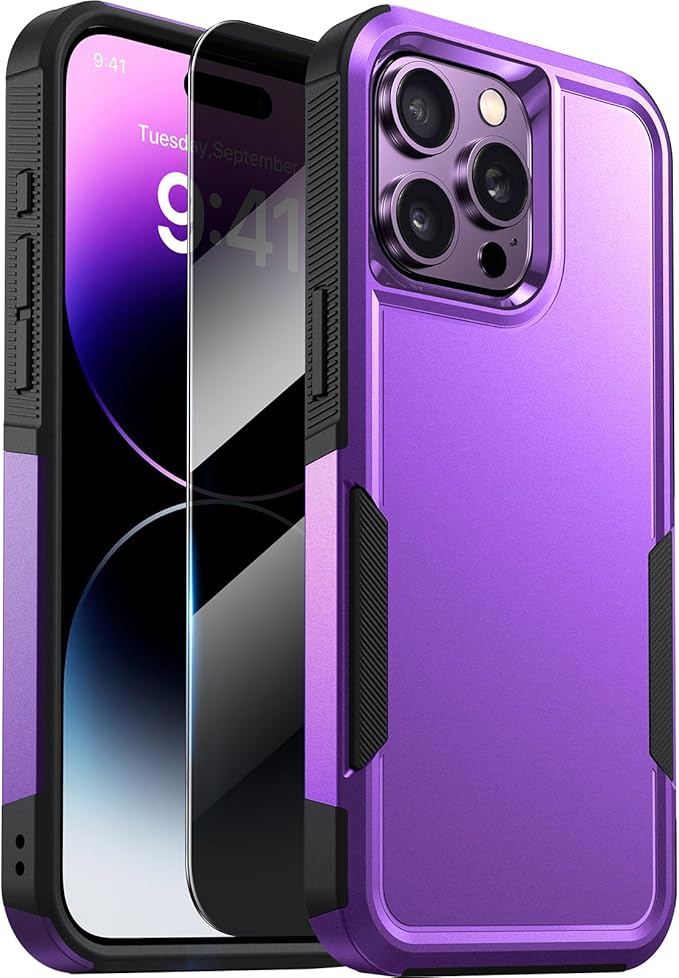 Diaclara Designed for iPhone 14 Pro Case, [with Privacy Screen Protector] [Anti Spy] [Military Grade Drop Protection] Heavy Duty Full-Body Shockproof Phone Case, Purple