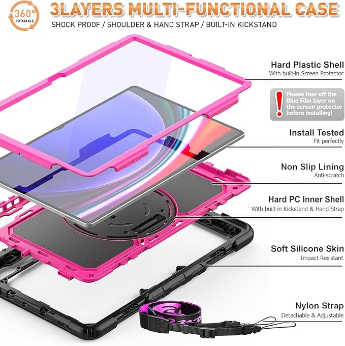 Timecity Case for Samsung Galaxy Tab S10 Ultra/ S9 Ultra/ S8 Ultra Tablet Case 14.6''- Heavy Duty Protective Cover with Screen Protector, Stand, Shoulder Strap & S Pen Holder | Kids-Friendly, Red