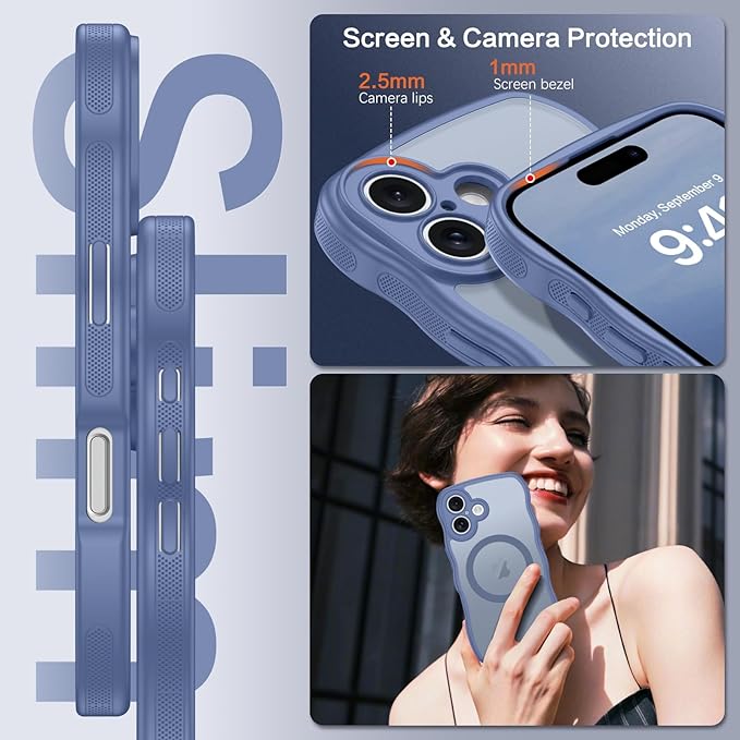 BENTOBEN for iPhone 16 Case Cute, Curly Wave iPhone16 Phone Case [Compatible with MagSafe], [Full Camera Protection] Slim Shockproof Translucent Matte 16 Magnetic Cover for Women Boys, Sierra Blue
