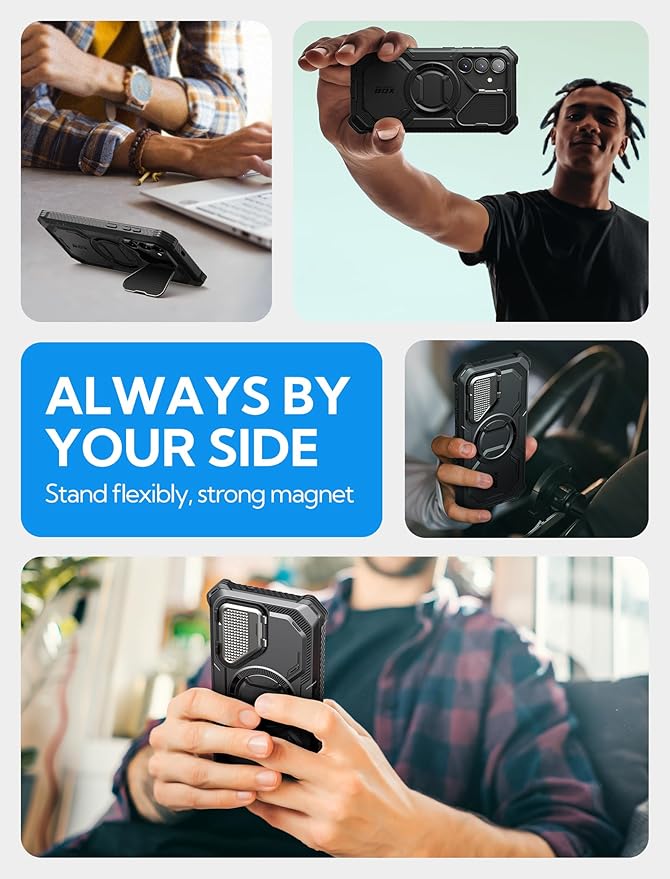 i-Blason for Samsung Galaxy S25 Case with Camera Cover Stand [MagSafe Compatible] [Built-in Screen Protector] Full-Body Military-Grade Protection Rugged Magnetic Phone Case for S25 6.2'', Black