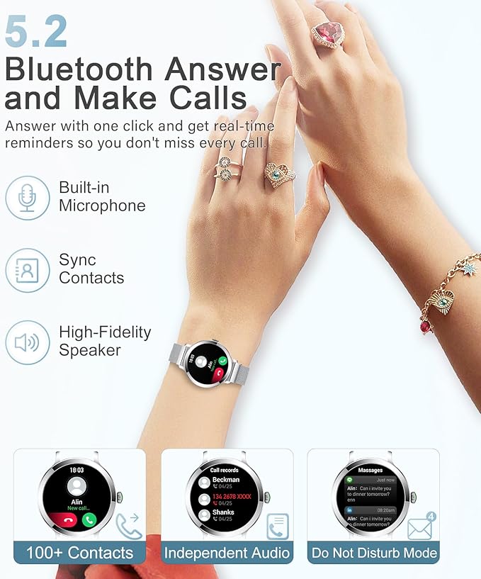 Smart Watches for Women, 1.106" AMOLED Small Screen Smartwatch Answer/Make Call for Android iOS Phones, IP68 Waterproof Fitness Activity Tracker with Heart Rate Sleep Monitor SpO2, Silver