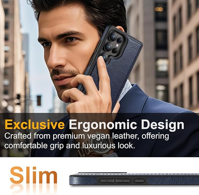 for Galaxy S25 Ultra Leather Case, Built-in Foldable Alloy Stand, with Camera Lens and Screen Protector, Slim Shockproof Kickstand Phone Cover 2025 (Blue)