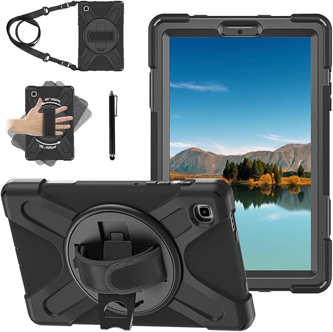Case for Samsung Galaxy Tab A7 Lite 8.7 2021 (SM-T220/T225/T227),Portable Heavy Duty Dropproof Protective Cover Case with 360 Rotating Stand,Handle & Shoulder Strap,Stylus Pen (New Black)