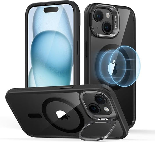 ESR for iPhone 15 Case, Compatible with MagSafe, Military-Grade Protective Case, Built-in Stash Stand Phone Case, Scratch-Resistant Back Cover, Classic Series, Clear Black