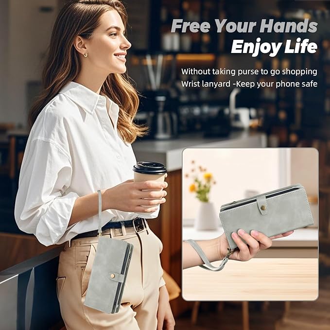 TwoHead for Samsung Galaxy S24 Wallet Case with Card Holder,Detachable Magnetic Phone Case for Galaxy S24,PU Leather Shockproof Protective Phone Cover Wallet with Wrist Strap(6.1 in,Gray)