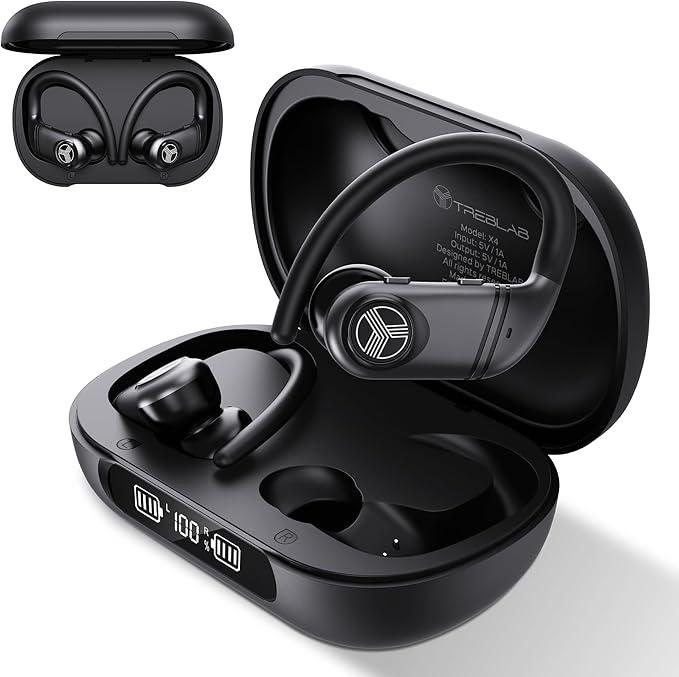 TREBLAB X4 Wireless Earbuds with Earhooks – 253H Battery, ENC Mic, Bluetooth 5.4, USB-C Charging Case, IPX5 Waterproof, Noise Isolating, for Running, Calls, Workouts – Bluetooth Over Ear Ear Buds