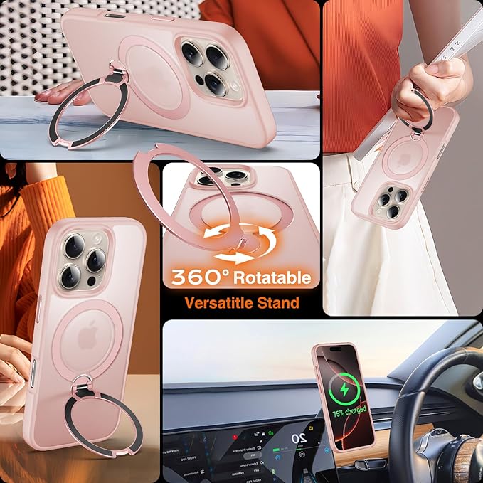 360° O-Ring MagStander for iPhone 16 Pro Max Case with Magnetic Kickstand Ring Holder [Compatible with MagSafe][360°Rotate Stand][Military Shockproof] iPhone 16 Pro Max Phone Cover Pink