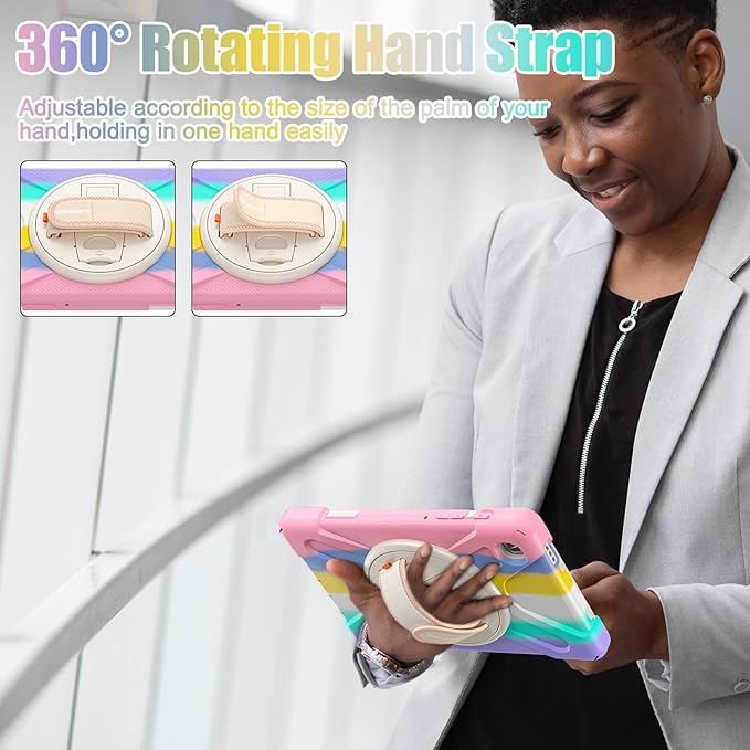 BRAECNstock Kids Case for Samsung Galaxy Tab A7 Lite 8.7 inch 2021(SM-T220/T225/T227) Shockproof Protective Tab A7 Lite Cover with Screen Protector Rotating Hand Strap+Stand Pen Holder - Colorful Pink