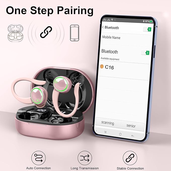 Wireless Earbuds, Bluetooth 5.4 Headphones Sports, 50H Playback Over-Ear Buds with ENC Noise Cancelling Mic, Deep Bass Fitness Earphones with Earhooks, IP7 Waterproof Headset for Workout Rose