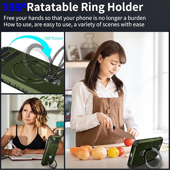 for iPhone 15 Case Magnetic Compatible with MagSafe Wireless Charging,with 2 Screen Protectors,Built-in Kickstand Ring,Shockproof Shock-Absorbent Scratch Resistant Heavy Duty Protection Green