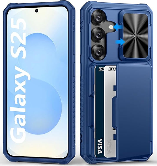 for Samsung Galaxy S25 Wallet Case, Card Holder (4-5 Cards), RFID Block, Slide Camera Cover & Military Grade Drop Proof, Hard Heavy Duty Men Women Protective Phone Case for Galaxy S25, Blue