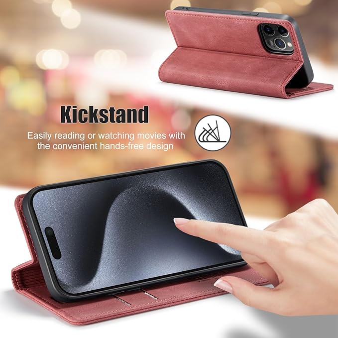 japezop iPhone 15 Pro 5G Wallet Case with [RFID Blocking],Card Holder Kickstand Magnetic,Leather Flip Case Wallet for iPhone 15 Pro 5G 6.1 Inch(Red)