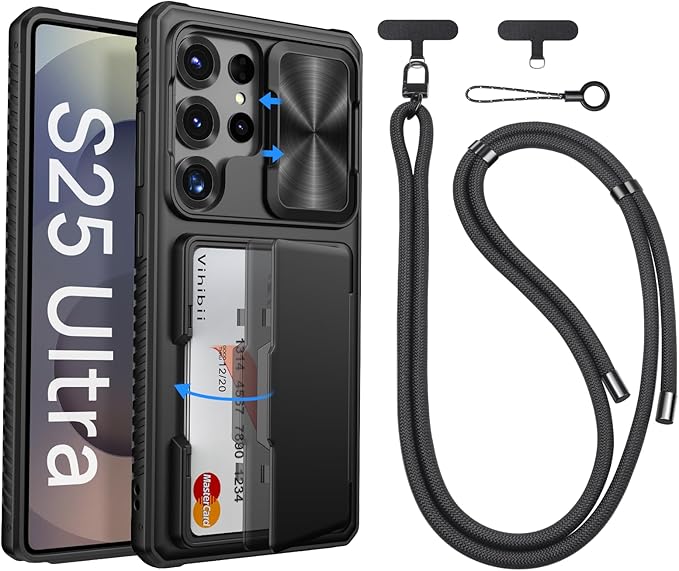 Vihibii for Samsung Galaxy S25 Ultra with Case Crossbody Lanyard Strap, Build-in Card Holder (4 Cards), [RFID Blocking] & Slide Camera Cover & Military Grade Drop Protection Wallet Cover, Black