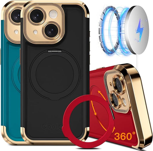COOLQO for iPhone 14 Case 6.1'' Upgraded 360° Spin Magnetic Stand [Compatible with Magsafe][Military Grade Drop Protection] Shockproof Protective Phone Holder Cover for iPhone 14, Black Gold