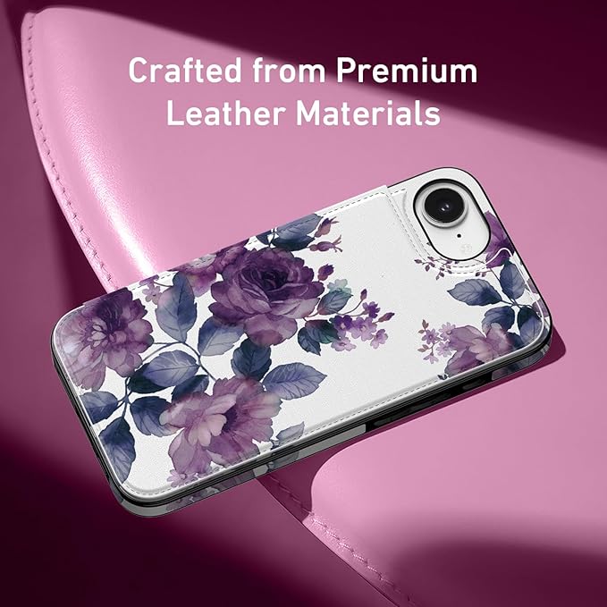 FUNMIKO for iPhone 16e Wallet Case with Card Holder, RFID-Blocking, Military-Grade Protection & UV-Printed Artwork, Magnetic Closure with Leather Kickstand - Elegant Purple Floral