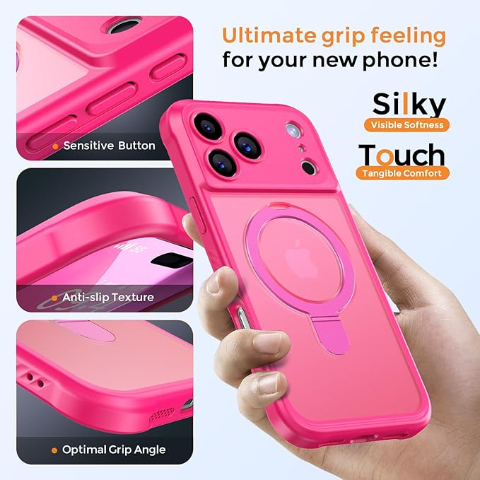 MOCCA Compatible with iPhone 17 Pro Max Case with Magnetic Invisible Stand [Full Camera Protection] [Compatible with Magsafe] Military Drop Shockproof Translucent Matte Phone Case Cover 6.9",Hot Pink