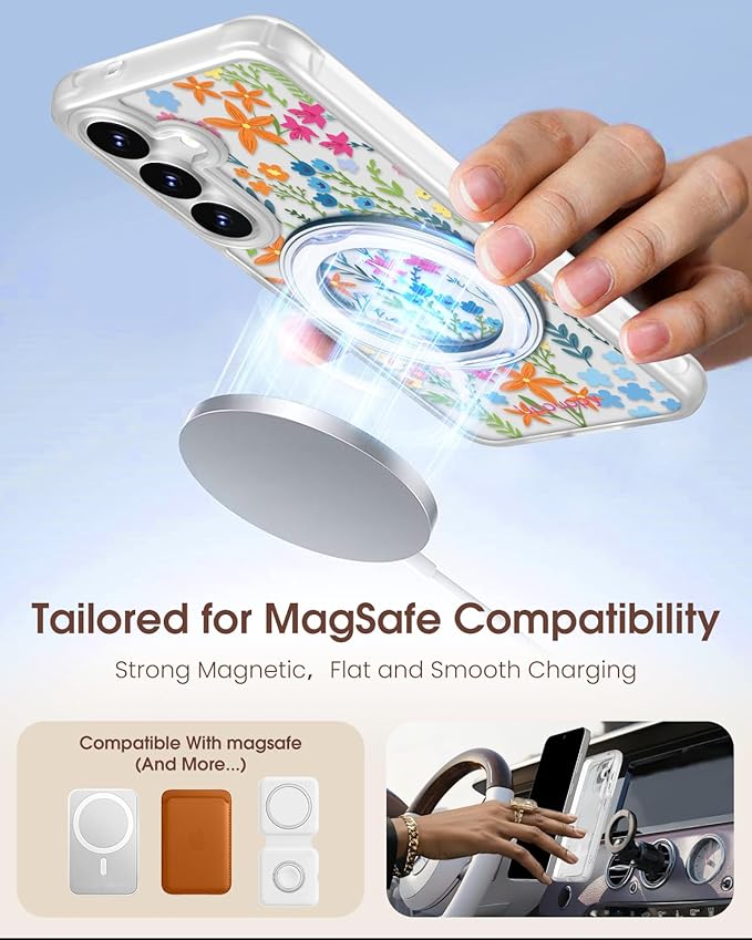 for Samsung Galaxy S25 Case with 360° Rotatable Magnetic Ring - Compatible with MagSafe, Semi-Transparent Soft-Touch Material Shockproof, Cute Colors Flower Design for Women Girl