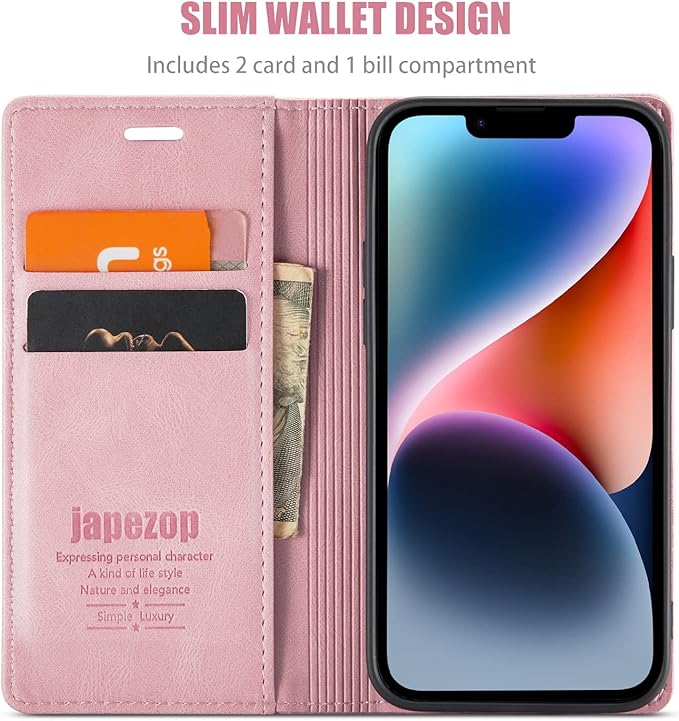 japezop iPhone 14 Case, iPhone 14 Wallet Case with [RFID Blocking] Card Holder Kickstand Magnetic,Leather Flip Case Wallet for iPhone 14 5G 6.1 Inch (Pink)