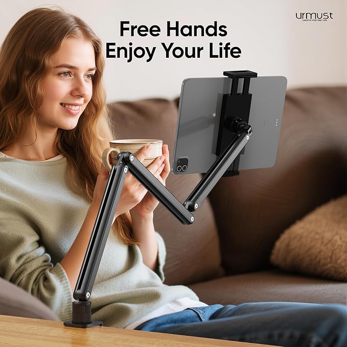 Urmust Tablet Stand for Desk, Adjustable iPad Holder Clamp Mount, 360° Rotation, Sturdy Aluminum Tablet Arm Mount for 4.7"-13" iPad Pro/Air/Mini, iPhone, Galaxy Tab, for Kitchen, Work, Video Call