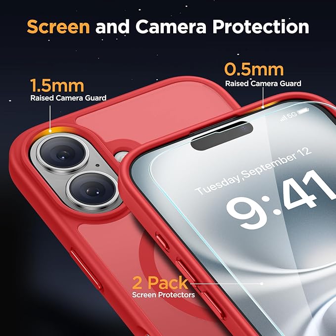 Miracase Magnetic Series for iPhone 16 Plus Case [Compatible with MagSafe] [with 2X Screen Protectors] Military-Grade Protection, Anti-Fingerprint, Slim Phone Case for 16 Plus 6.7 inch - Red