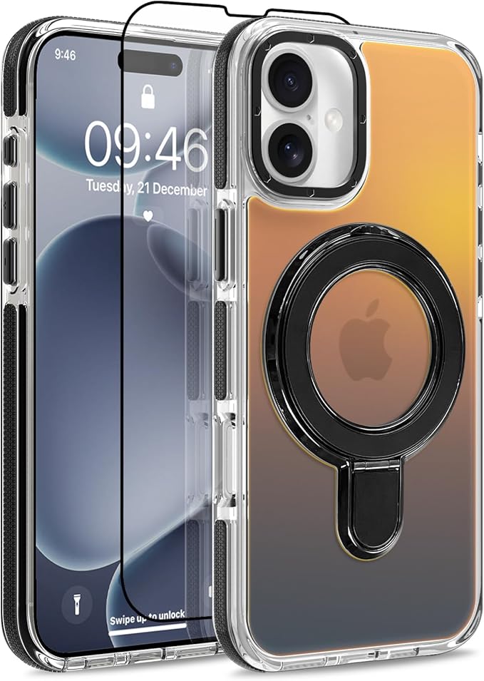 MOWIME Magnetic for iPhone 17 Case with Stand [Compatible with Magsafe] [Cute Fashion Fluorescent Design] [1 Screen Protector] Slim Translucent Matte Case for iPhone 17 6.3" 2025, Black