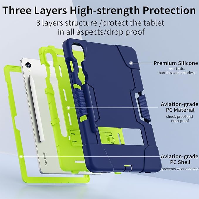 Case for Galaxy Tablet S9 FE & S9 2023 (SM-X710/X718U/X716B/X510/X516B), Soft Silicone & Hard Pc 3-Layer Military Protector Cover for Tab S9 11" with S-Pen Holder Stand case Navy Blue